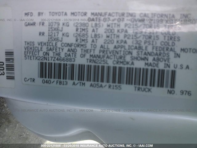 5TETX22N17Z466883 - 2007 TOYOTA TACOMA ACCESS CAB Ақ фото 9