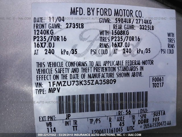 1FMZU73K35ZA35809 - 2005 FORD EXPLORER XLT/XLT SPORT/NBX SILVER photo 9