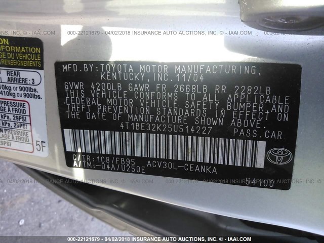 4T1BE32K25U514227 - 2005 TOYOTA CAMRY LE/XLE/SE SILVER photo 9