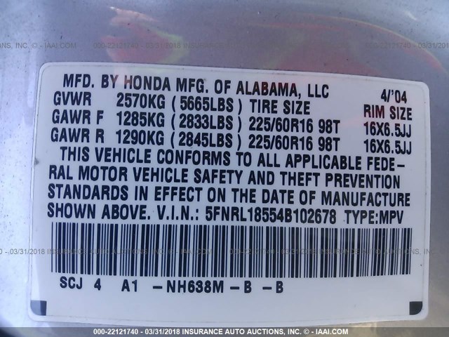 5FNRL18554B102678 - 2004 HONDA ODYSSEY LX SILVER photo 9