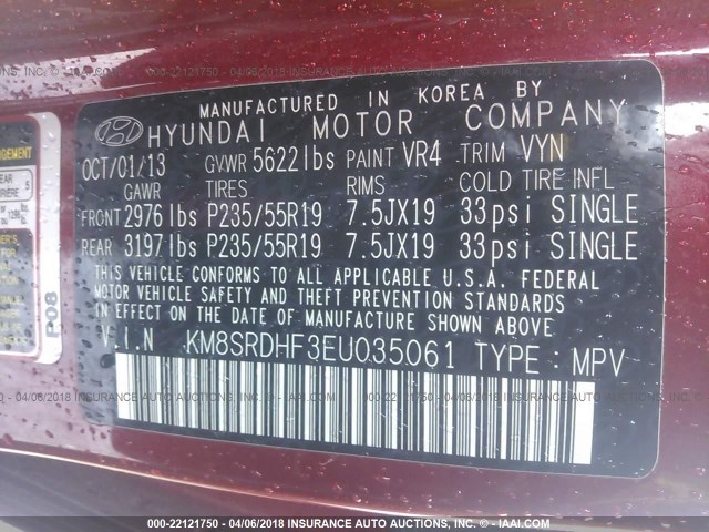 KM8SRDHF3EU035061 - 2014 HYUNDAI SANTA FE LIMITED RED photo 9