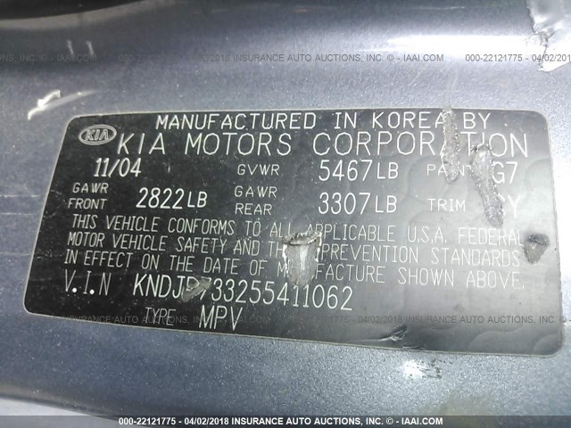 KNDJD733255411062 - 2005 KIA SORENTO EX/LX GRAY photo 9