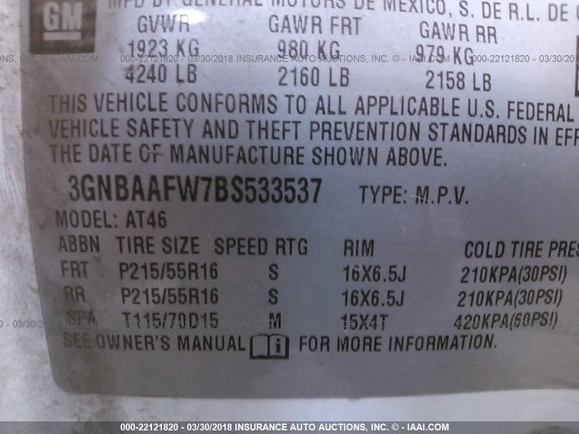 3GNBAAFW7BS533537 - 2011 CHEVROLET HHR LS WHITE photo 9