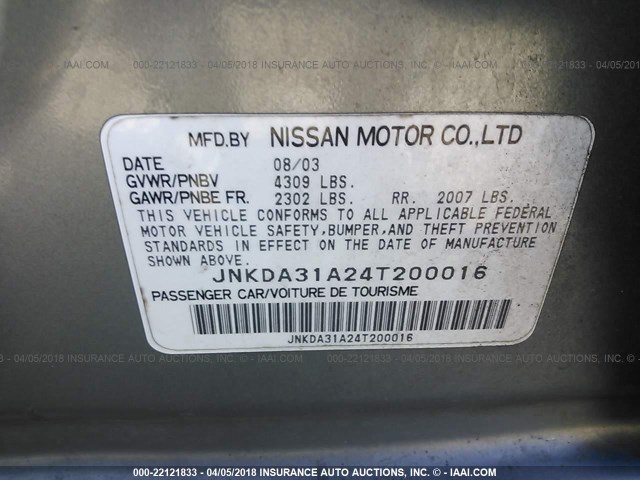 JNKDA31A24T200016 - 2004 INFINITI I35 GRAY photo 9