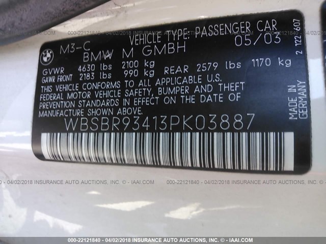 WBSBR93413PK03887 - 2003 BMW M3 WHITE photo 9