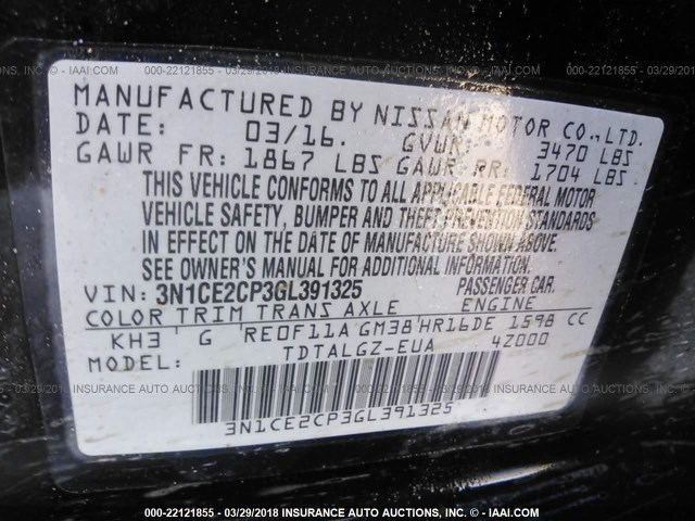 3N1CE2CP3GL391325 - 2016 NISSAN VERSA NOTE S/S PLUS/SV/SL/SR BLACK photo 9