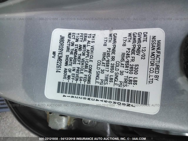 JN8DR09Y43W822614 - 2003 NISSAN PATHFINDER LE/SE GRAY photo 9