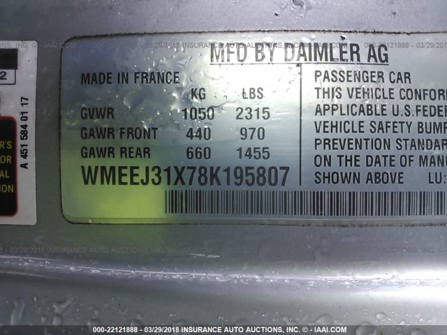 WMEEJ31X78K195807 - 2008 SMART FORTWO PURE/PASSION BLUE photo 9