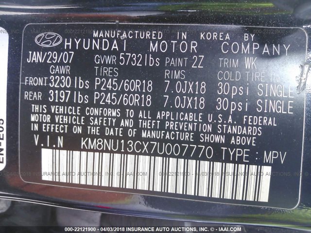 KM8NU13CX7U007770 - 2007 HYUNDAI VERACRUZ GLS/SE/LIMITED BLACK photo 9