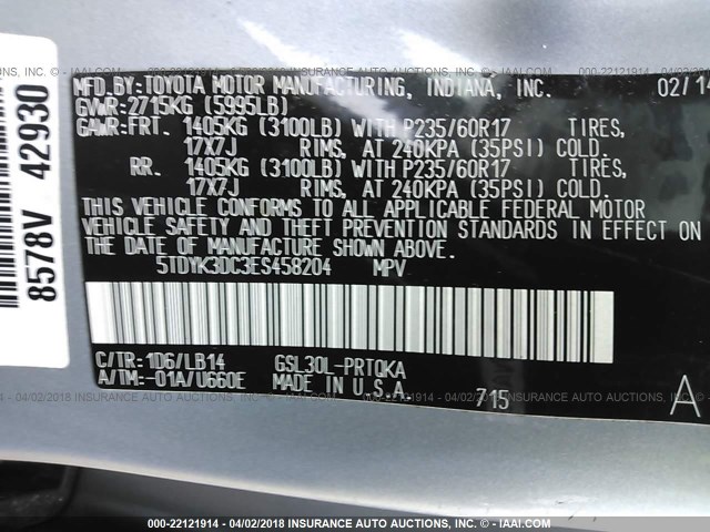 5TDYK3DC3ES458204 - 2014 TOYOTA SIENNA XLE/LIMITED SILVER photo 9