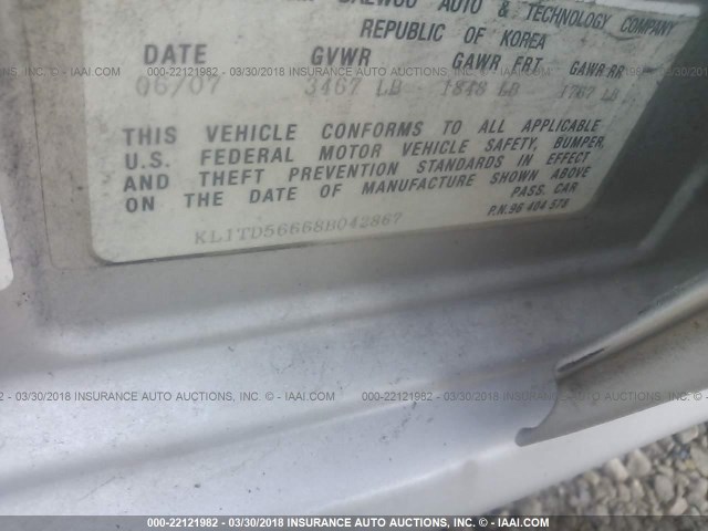 KL1TD56668B042867 - 2008 CHEVROLET AVEO LS 银色 照片 9