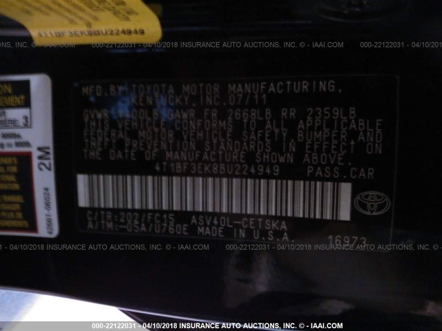 4T1BF3EK8BU224949 - 2011 TOYOTA CAMRY SE/LE/XLE BLACK photo 9