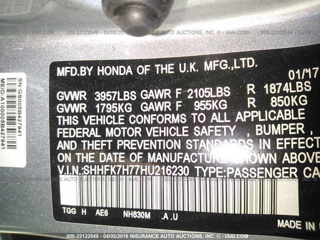 SHHFK7H77HU216230 - 2017 HONDA CIVIC EXL 灰色 照片 9