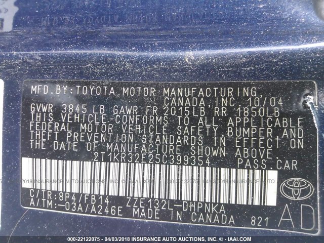 2T1KR32E25C399354 - 2005 TOYOTA COROLLA MATRIX XR BLUE photo 9