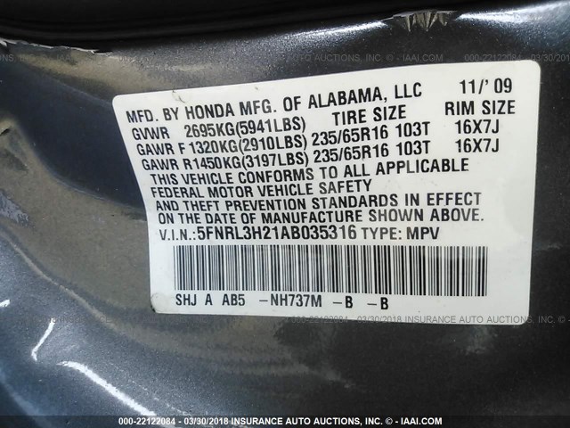 5FNRL3H21AB035316 - 2010 HONDA ODYSSEY LX GRAY photo 9