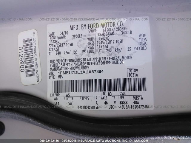 1FMEU7DE3AUA67884 - 2010 FORD EXPLORER XLT WHITE photo 9