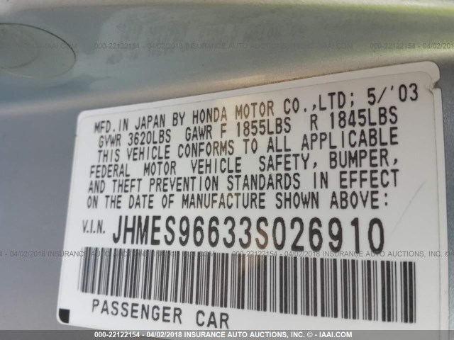 JHMES96633S026910 - 2003 HONDA CIVIC HYBRID Light Blue photo 9