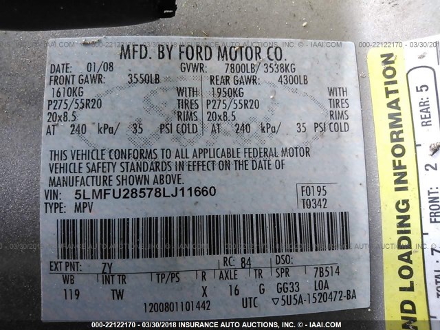 5LMFU28578LJ11660 - 2008 LINCOLN NAVIGATOR GRAY photo 9