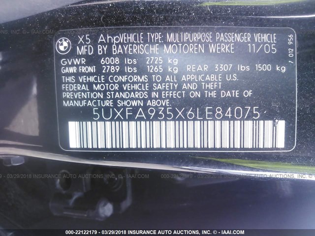 5UXFA935X6LE84075 - 2006 BMW X5 4.8IS BLACK photo 9