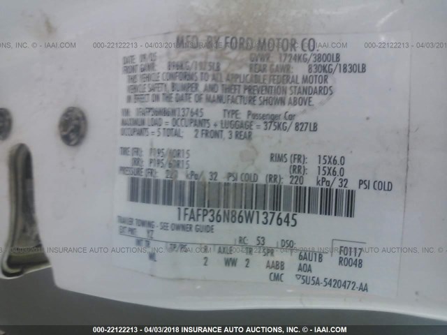 1FAFP36N86W137645 - 2006 FORD FOCUS ZXW WHITE photo 9