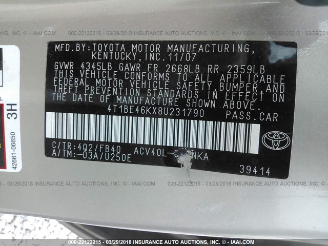 4T1BE46KX8U231790 - 2008 TOYOTA CAMRY CE/LE/XLE/SE Champagne photo 9