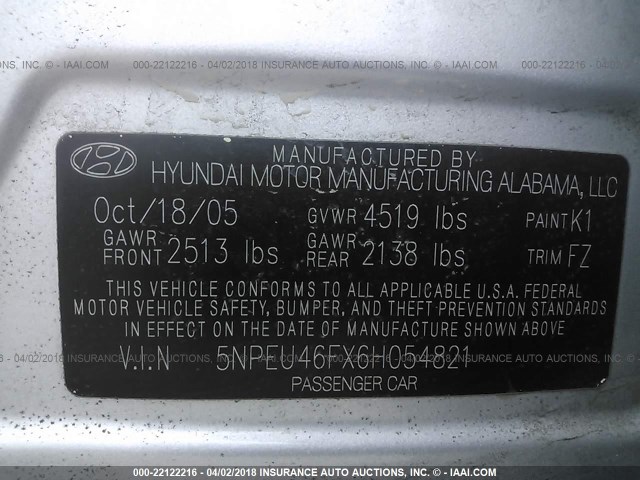 5NPEU46FX6H054821 - 2006 HYUNDAI SONATA GLS/LX SILVER photo 9