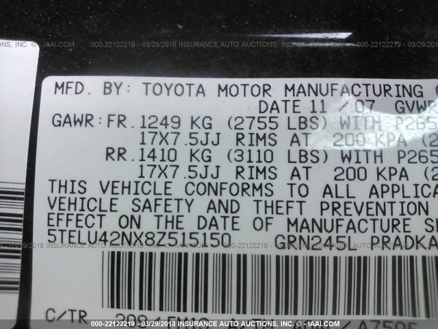 5TELU42NX8Z515150 - 2008 TOYOTA TACOMA DOUBLE CAB შავი ფოტო 9