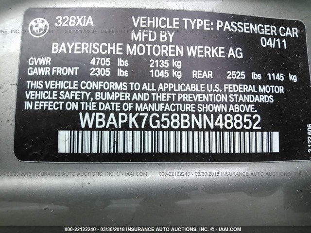 WBAPK7G58BNN48852 - 2011 BMW 328 XI GOLD photo 9