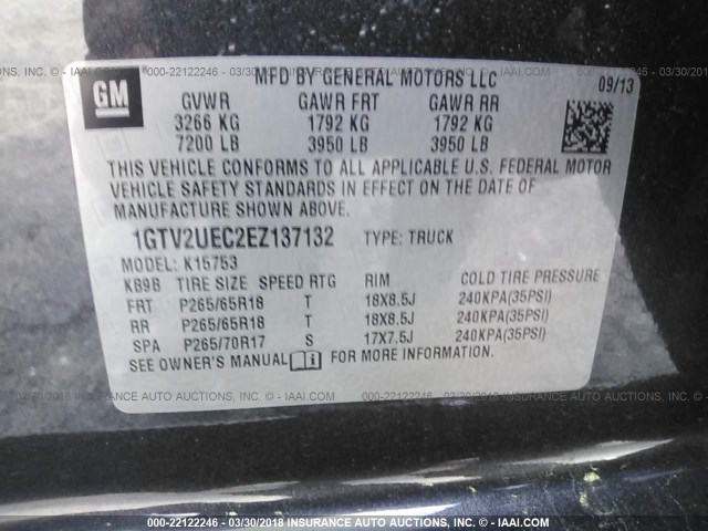 1GTV2UEC2EZ137132 - 2014 GMC SIERRA K1500 SLE BLACK photo 9