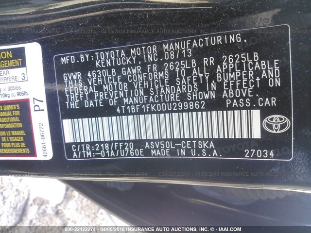 4T1BF1FK0DU299862 - 2013 TOYOTA CAMRY L/SE/LE/XLE 黑色 照片 9