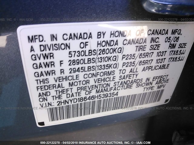 2HNYD18646H539354 - 2006 ACURA MDX TOURING BLUE photo 9