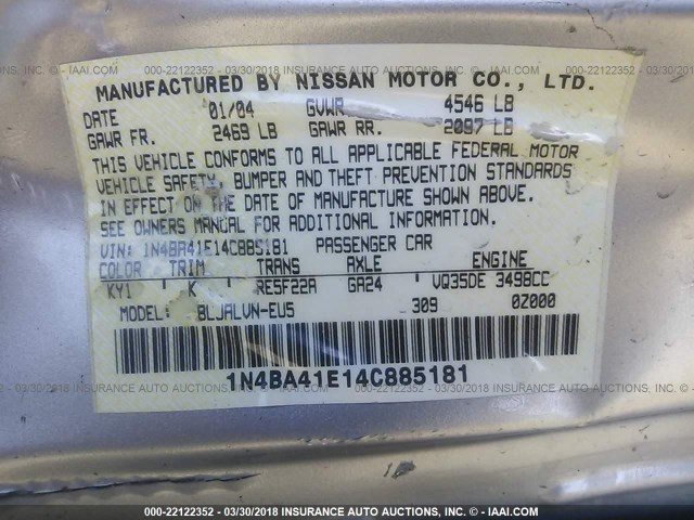 1N4BA41E14C885181 - 2004 NISSAN MAXIMA SE/SL SILVER photo 9