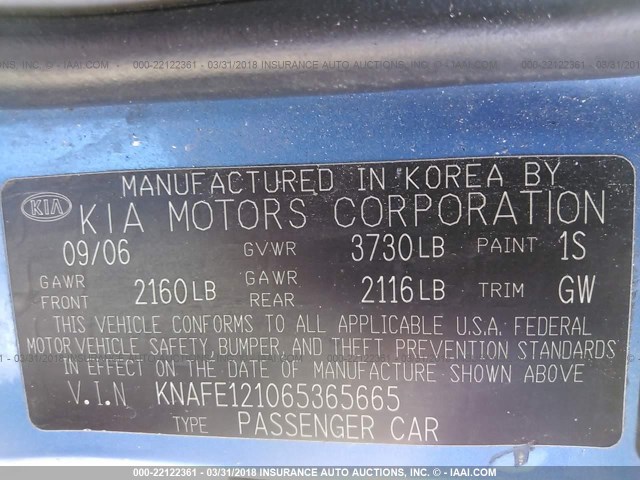 KNAFE121065365665 - 2006 KIA NEW SPECTRA LX/EX BLUE photo 9