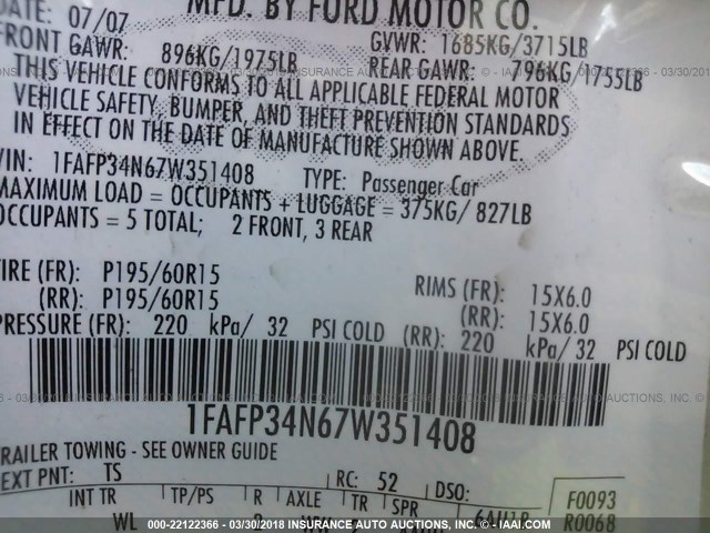 1FAFP34N67W351408 - 2007 FORD FOCUS ZX4/S/SE/SES SILVER photo 9