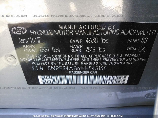 5NPE34AB6HH545168 - 2017 HYUNDAI SONATA SPORT/LIMITED GRAY photo 9