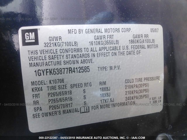 1GYFK63877R412585 - 2007 CADILLAC ESCALADE LUXURY 蓝色 照片 9