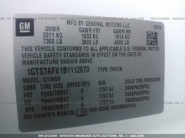 1GTS7AFX1B1112673 - 2011 GMC SAVANA G1500 WHITE photo 9