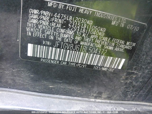 JF1GV8J61BL504372 - 2011 SUBARU IMPREZA WRX STI GRAY photo 9