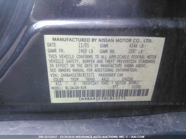 1N4BA41E36C823171 - 2006 NISSAN MAXIMA SE/SL GRAY photo 9