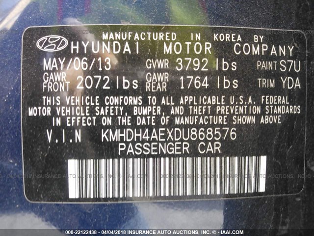 KMHDH4AEXDU868576 - 2013 HYUNDAI ELANTRA GLS/LIMITED 蓝色 照片 9