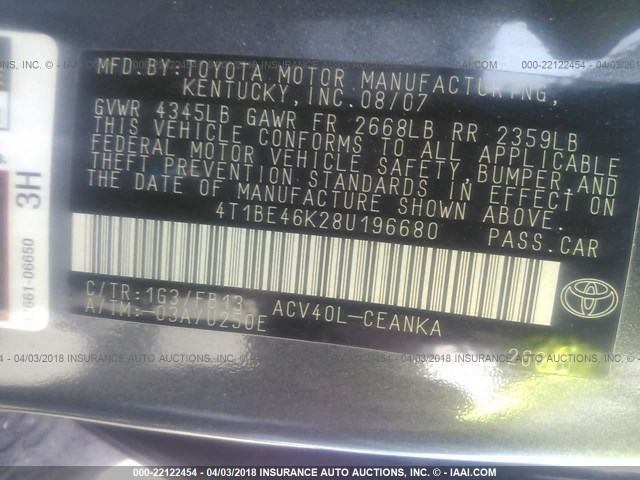 4T1BE46K28U196680 - 2008 TOYOTA CAMRY CE/LE/XLE/SE GRAY photo 9