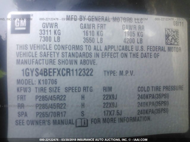 1GYS4BEFXCR112322 - 2012 CADILLAC ESCALADE LUXURY Qara foto 9