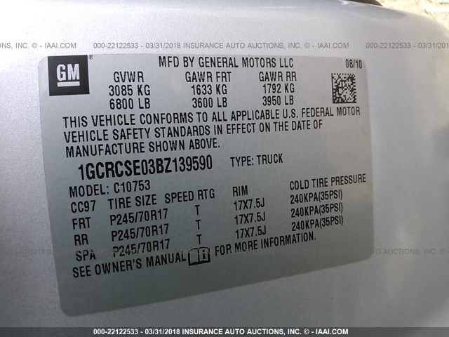 1GCRCSE03BZ139590 - 2011 CHEVROLET SILVERADO C1500 LT SILVER photo 9