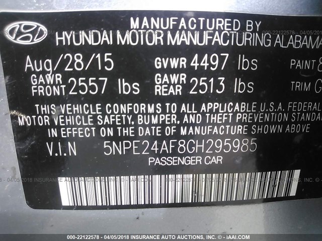 5NPE24AF8GH295985 - 2016 HYUNDAI SONATA SE SILVER photo 9