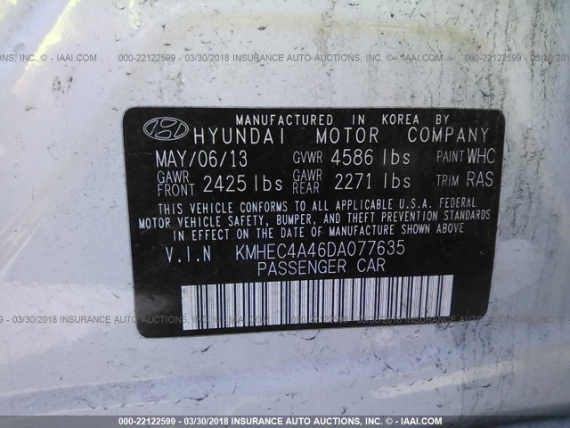 KMHEC4A46DA077635 - 2013 HYUNDAI SONATA HYBRID WHITE photo 9