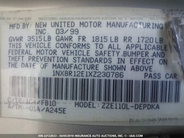 1NXBR12E1XZ230786 - 1999 TOYOTA COROLLA VE/CE/LE 银色 照片 9