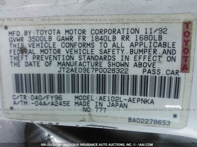 JT2AE09E7P0028322 - 1993 TOYOTA COROLLA LE/DX 白色 照片 9