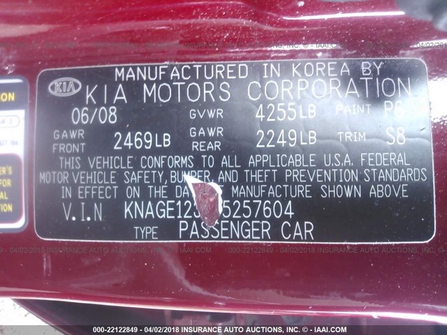 KNAGE123985257604 - 2008 KIA OPTIMA LX/EX RED photo 9