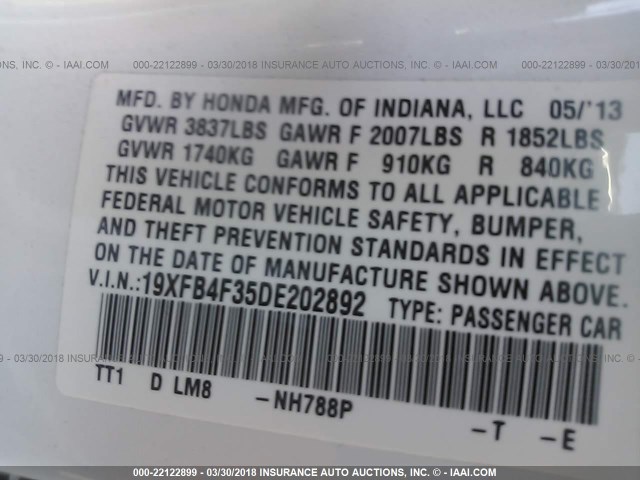 19XFB4F35DE202892 - 2013 HONDA CIVIC HYBRID L WHITE photo 9