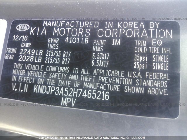 KNDJP3A52H7465216 - 2017 KIA SOUL + GRAY photo 9